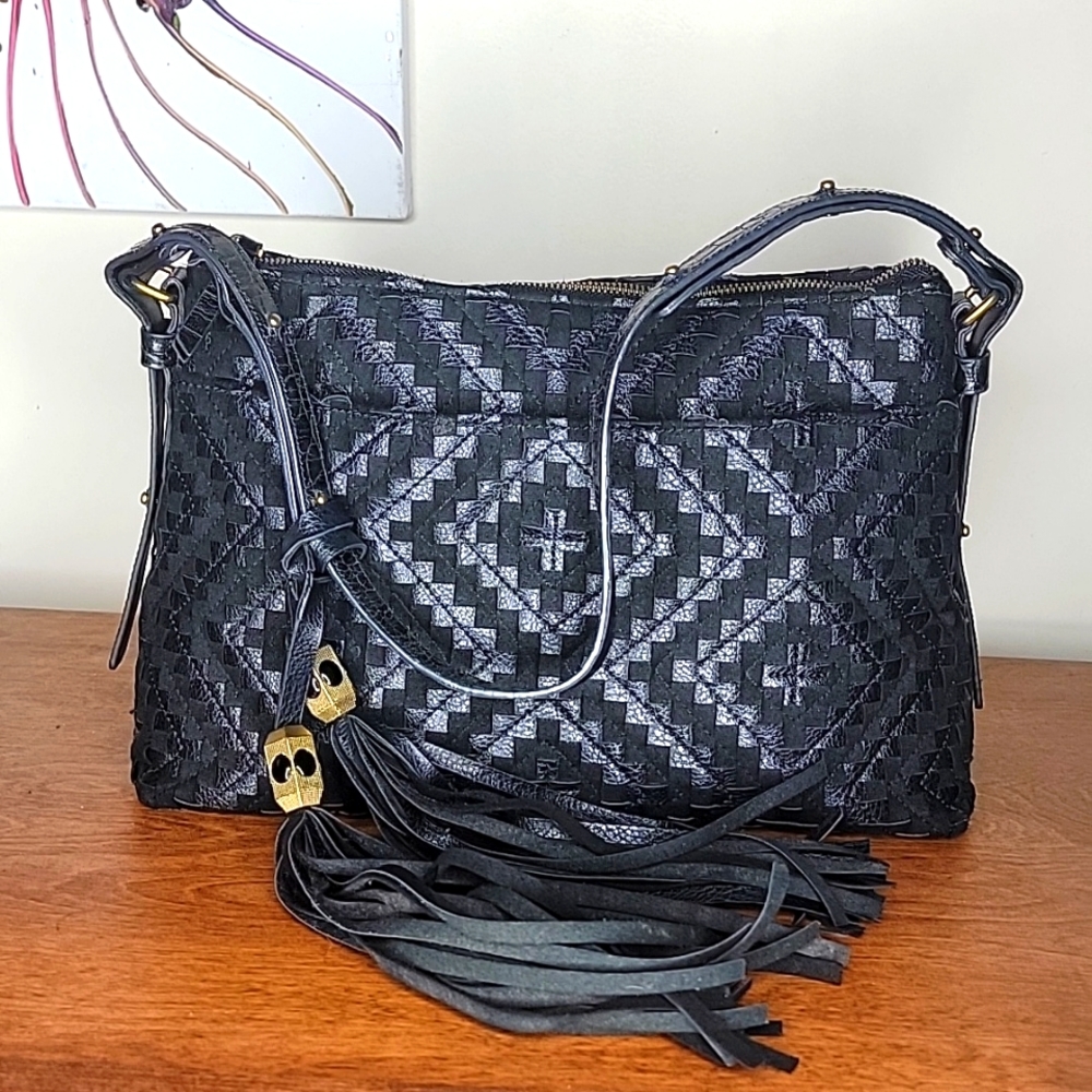 Eric Javits New York Kamela Woven Stitched Shoulder Bag Black with Tassel